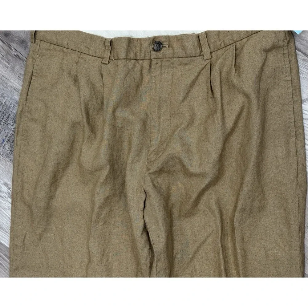 Brooks Brothers 346 100% Linen Pants Khaki Tan Cuffed Pleated Chino 36/31